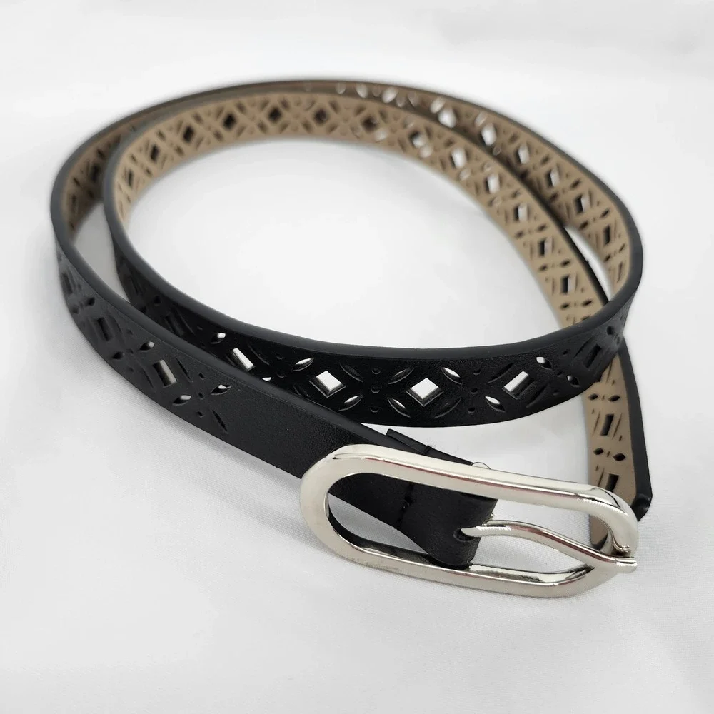 Black Cut Out Geometric Belt Womens OS Oval Silver Buckle Skinny Modern Chic‎